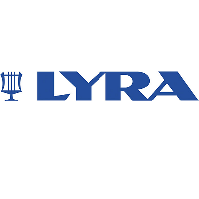 Logótipo azul da marca LYRA com lira