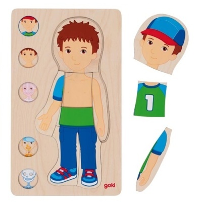 Puzzle de madeira para montar figura humana com roupas coloridas e peças intercambiáveis