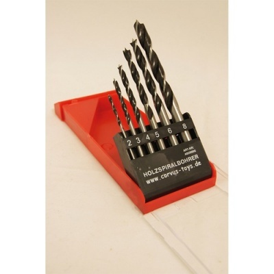 Conjunto de brocas para madeira com estojo vermelho e texto em preto