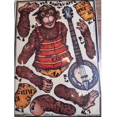 Autocolantes para montar um macaco com colete vermelho às riscas amarelas e boné, junto a um banjo