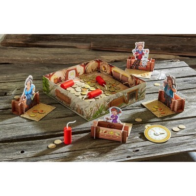 Jogo de tabuleiro com moedas douradas, personagens em papel e peças vermelhas sobre madeira