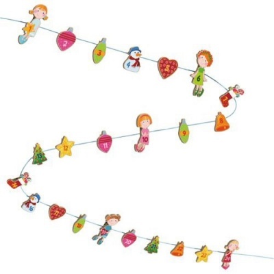 Guirlanda decorativa de Natal com figuras coloridas e números de 1 a 24.