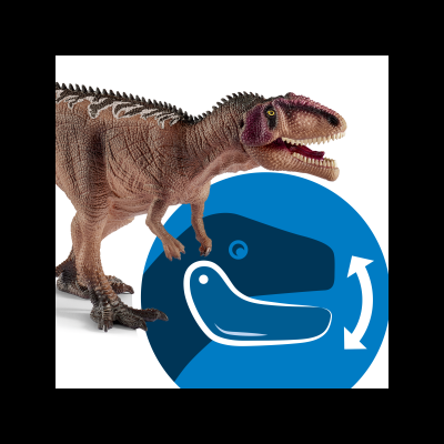 Figura realista de dinossauro castanho com detalhes vermelhos e ícone azul da mandíbula móvel