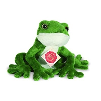 Urso de pelúcia em forma de rã verde com barriga branca e olhos negros