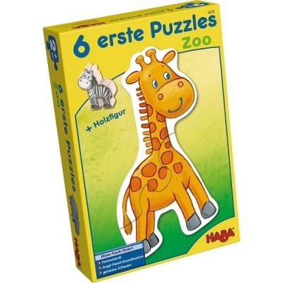 Caixa amarela e verde de puzzle com imagem de girafa e zebra de madeira