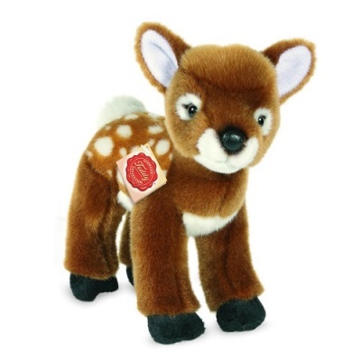 Pelúcia de veado castanho com pintinhas brancas e etiqueta vermelha