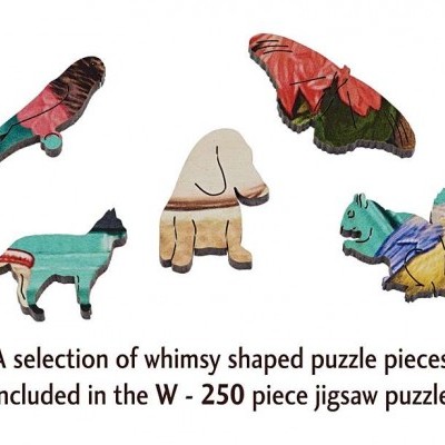 Peças de puzzle de animais coloridas com padrões florais e texto em inglês no fundo