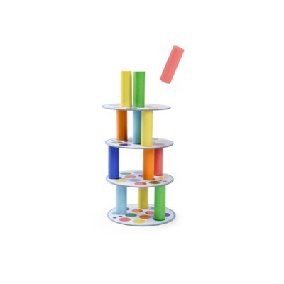 Jogo de equilíbrio colorido com bases e colunas cilíndricas
