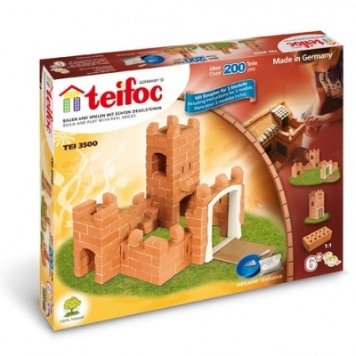 Caixa do brinquedo de construção Teifoc TEI 3500 mostrando um castelo de tijolos vermelhos.