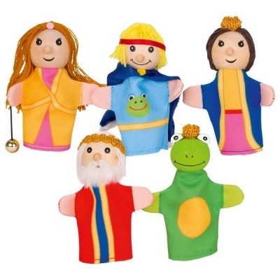 Conjunto de 5 fantoches de mão em tecido colorido com diferentes personagens, incluindo humano e sapo