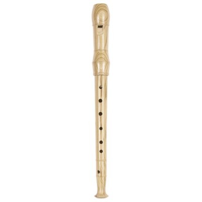 Flauta doce de madeira clara com seis furos frontais e sulcos decorativos