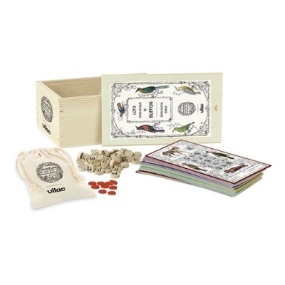 Jogo de loto com tema de animais com caixa de madeira, bolas de madeira e cartões coloridos