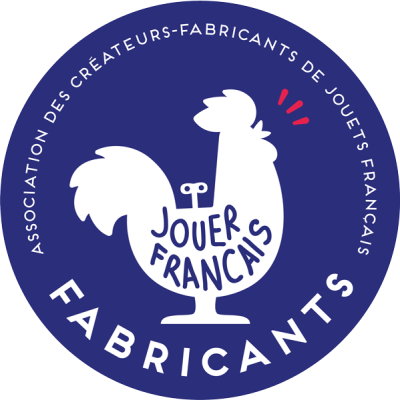 Logótipo redondo azul com galo branco e texto em francês sobre fabricantes.