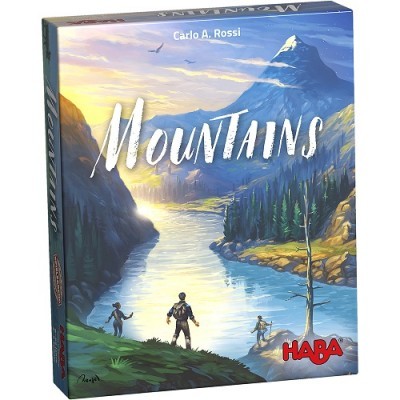 Capa do jogo de tabuleiro Mountains com ilustração de montanhas e rio