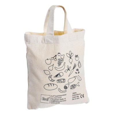 Saco reutilizável em algodão cru com ilustrações de alimentos em preto