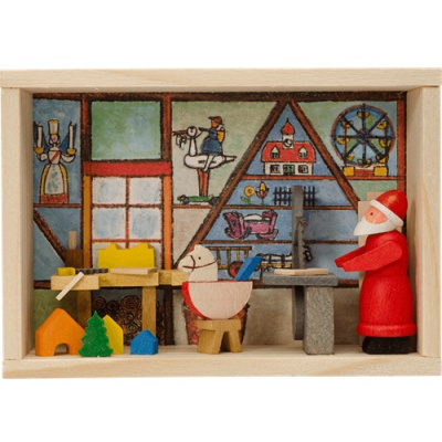 Miniatura de cenário natalício em madeira com Papai Noel e brinquedos