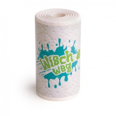 Rolo de toalhas de papel branco com etiqueta colorida 'Wisch weg'