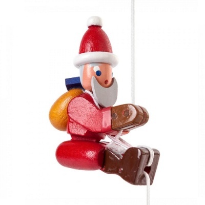 Boneco de madeira Pai Natal vermelho com mochila amarela e botas castanhas suspenso por corda
