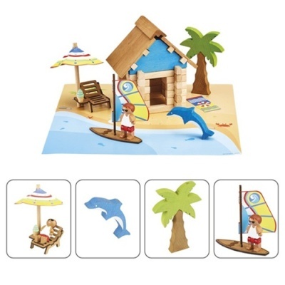 Brinquedos de madeira praia com cabana, guarda-sol, palmeira, surfista e golfinho