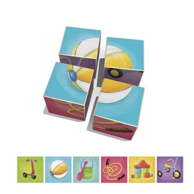 Cubo de madeira com figura de bola de praia e ícones de brinquedos embaixo