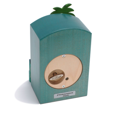 Caixa de música verde com formato de ananás e manivela de madeira