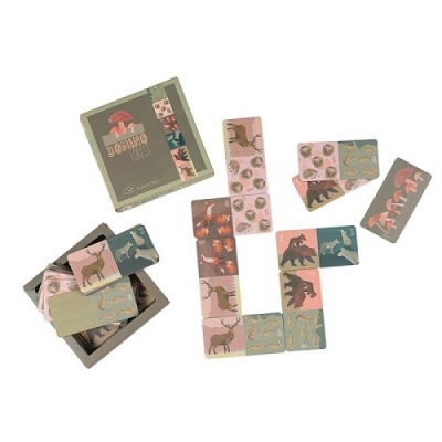 Conjunto de dominó de madeira com motivos de animais e caixa ilustrada