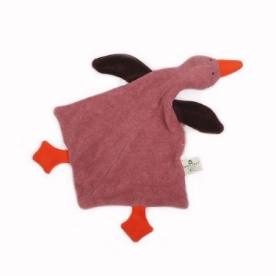 Pano de pato rosa com bico e patas laranja e asas pretas