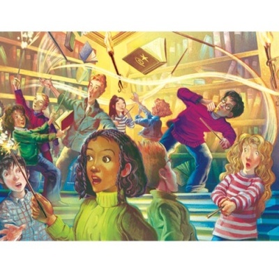Ilustração colorida de crianças numa biblioteca mágica com livros a voar