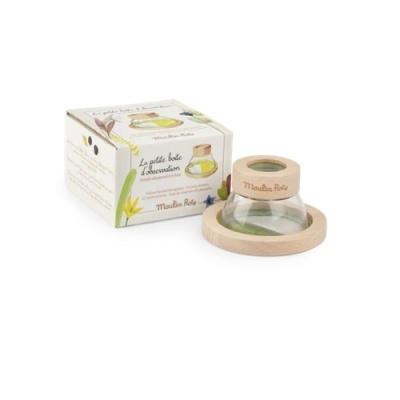 Lupa de observação infantil em madeira com vidro e caixa ilustrada