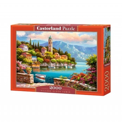 Caixa de puzzle Castorland com 2000 peças e imagem de aldeia costeira com torre de relógio