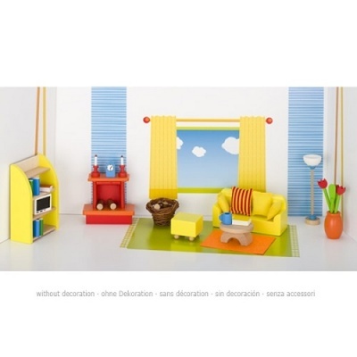 Sala de brinquedo em miniatura com sofá e decoração coloridos