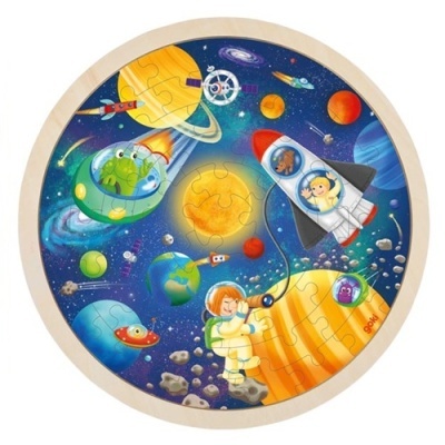 Quebra-cabeça redondo de madeira com ilustração do espaço colorida
