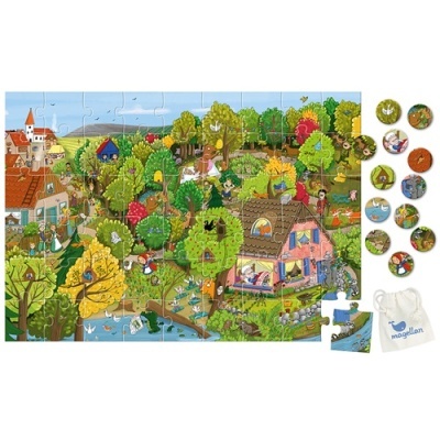 Quebra-cabeças infantil colorido com tema de floresta e casas, 35 peças, saco branco e bottons.