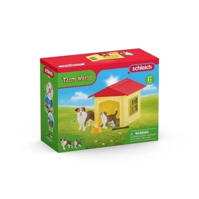 Caixa de brinquedo Schleich Farm World com casinha amarela e cães em plástico
