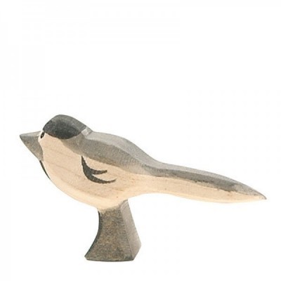 Figura decorativa de pássaro em madeira pintada cinza e bege