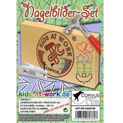 Conjunto para pregar em madeira com tábua, martelo, clipes e suporte, embalagem com texto em alemão.