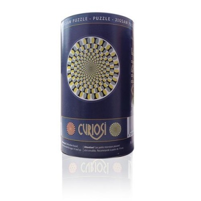 Embalagem cilíndrica azul de quebra-cabeças com padrão óptico circular colorido e texto CURIOSE