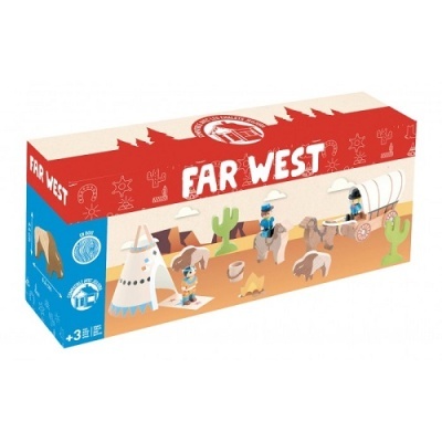 Embalagem de brinquedo FAR WEST com figuras do Velho Oeste em cores vermelho, azul e bege