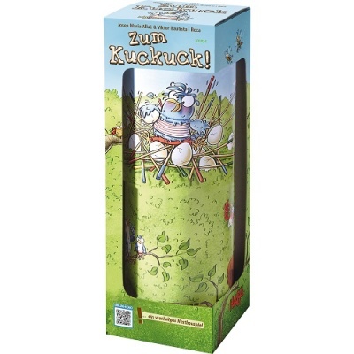 Embalagem de jogo Zum Kuckuck com ilustração de aves e ovos num ninho em fundo verde e azul