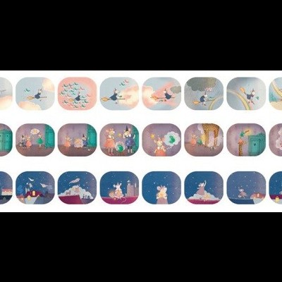 Série de ilustrações coloridas com personagens em vários cenários interiores e exteriores em quadrados arredondados