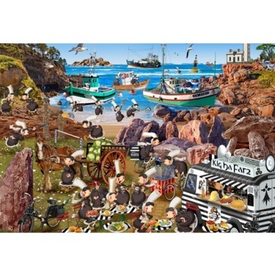 Ilustração colorida de personagens caricatos em ambiente costeiro com barcos, pedras e carrinha de comida.