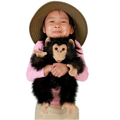 Criança com chapéu verde segurando peluche de chimpanzé preto e bege