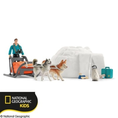 Brinquedos National Geographic Kids com cães husky, homem, trenó, iglu, pinguim, mala e bonecos.