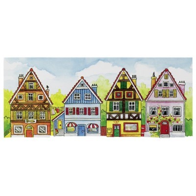 Ilustração de quatro casas tradicionais europeias coloridas com céu e árvores ao fundo