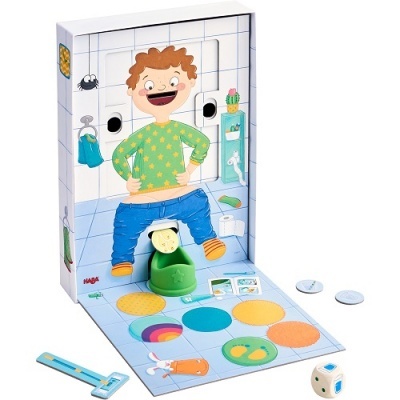 Jogo infantil com tabuleiro ilustrado de criança a usar penico em ambiente de casa de banho