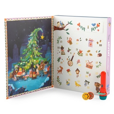 Calendário do Advento com números, ilustrações festivas de animais e árvore de Natal