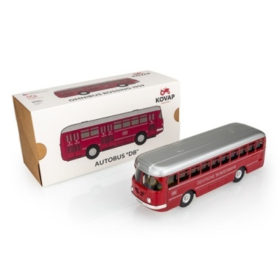 Modelo de autocarro vermelho com tejadilho cinzento com caixa branca