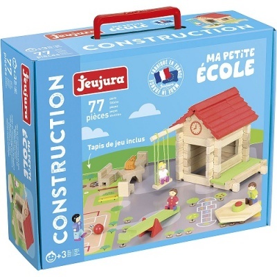 Caixa de jogo de construção Jeujura Ma Petite École com 77 peças de madeira em tons naturais e vermelho