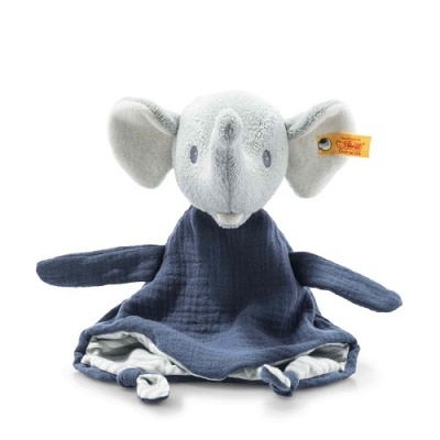 Doudou elefante cinzento com corpo azul e etiqueta amarela