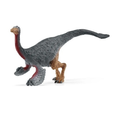 Figura de dinossauro cinzenta com penas vermelhas e pernas castanhas em fundo branco